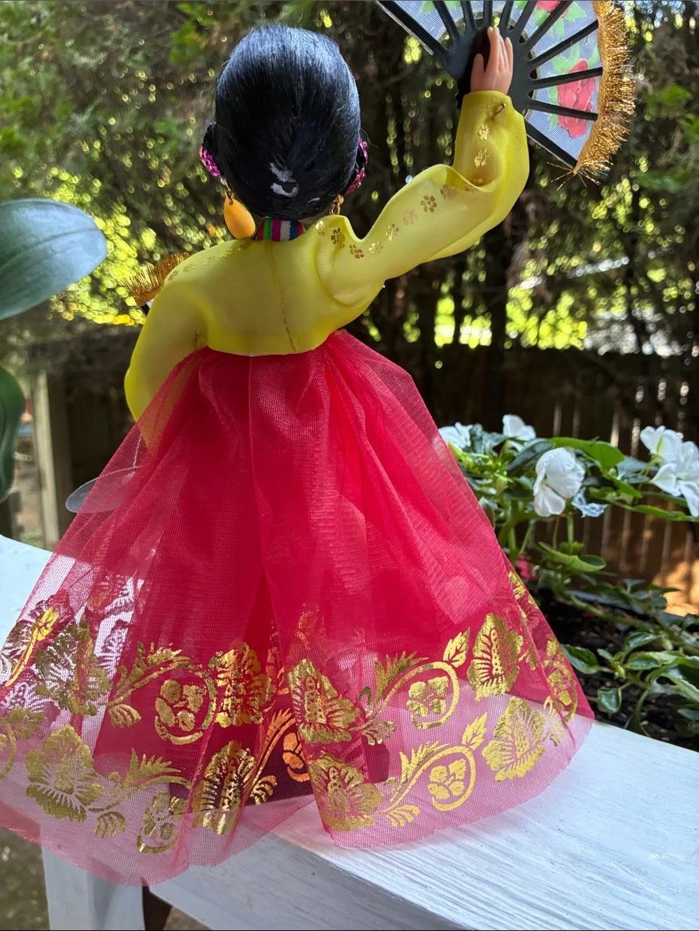 Traditional Korean Fan Dance Doll in Red and Yellow